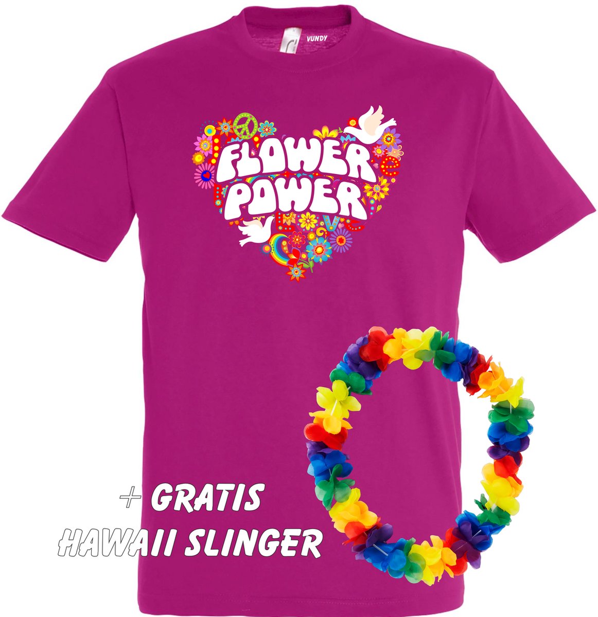 T-shirt Flower Power Hart | Toppers in Concert 2022 | Toppers kleding shirt | Happy Together | Hippie Jaren 60 | Fuchsia | maat L
